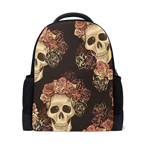 Skull Day of Dead Reiserucksack für Laptop, Schule, Buchtasche, Rose, Blumen, Outdoor, Business, Wandern, Rucksäcke für Studenten, Damen, Herren von Wamika