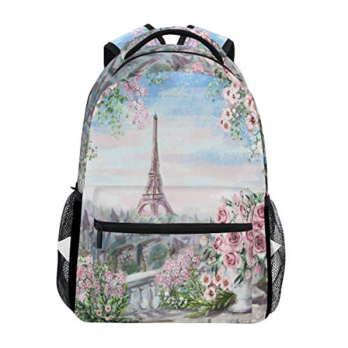 Sommer Paris Blume Rose und Blatt Blick von oben Balkon Eiffelturm Frankreich Tapete Aquarell Modern Art Schulrucksack Wasserdicht Schultertasche Book Tasche Gym Rucksack City Landschaft Laptop Tasche C von Wamika