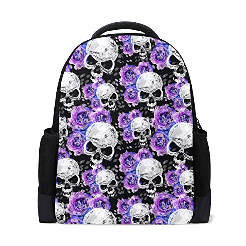 Suagr Totenkopf-Reiserucksack für Schule, Büchertasche, Skelett mit Rosen-Blumen-Motiv, Tagesrucksack, Outdoor, Business, Wandern, Rucksäcke für Campen, Studenten, Frauen, Herren von Wamika