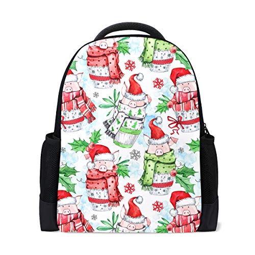 Süßer Rucksack mit Schweinchen und Weihnachtsmann-Motiv, für Schule, Bücher, Cartoon, grüne Blätter, lässiger Tagesrucksack, Outdoor, Business, Wandern, Rucksäcke für Damen und Herren von Wamika