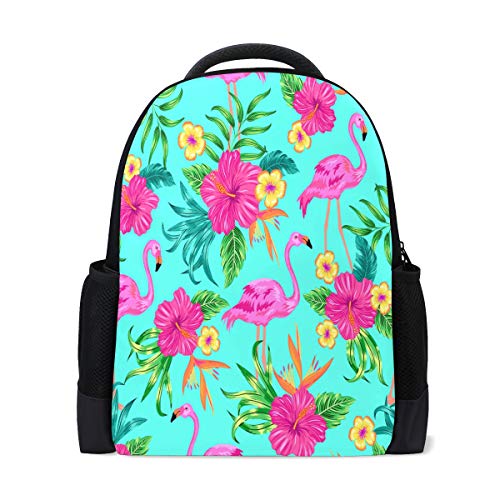 Tropischer Flamingo-Rucksack für Reisen, Laptop, Schule, Büchertasche, Sommer, Palmenblätter, Hibiskus, Blume, lässiger Tagesrucksack, Outdoor, Business, Wandern, Camping, Schultertaschen für Studenten, Damen, Herren von Wamika