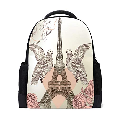 Vintage Eiffelturm Reise Laptop Rucksack Schule Büchertasche Taubenrosen Blumen Freizeitrucksack Outdoor Business Wanderrucksäcke Camping Schultertaschen für Studenten Frauen Herren von Wamika