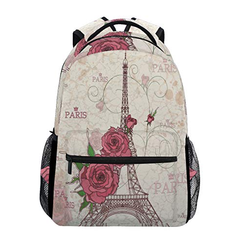 Vintage Eiffelturm Rose Schulrucksack Wasserdicht Schulter Buch Tasche Gym Rucksack Blume Floral Laptop Tasche Casual Day Pack Outdoor Reise Sport Tasche für Damen Herren Kinder von Wamika