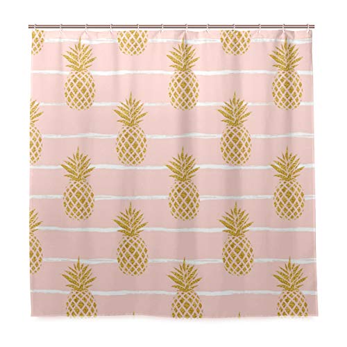 Wamika Sommer Gold Ananas Stoff Duschvorhang mit Haken Wasserdicht Home Badezimmer Streifen Obst Dekoration Bad Dekor Stoff Duschvorhang Schimmelresistent 180 x 180 cm von Wamika