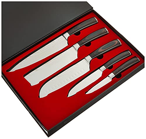 Wan Yuan Hu 5 teiliges asiatisches Messer-Set in Damastmesser-Optik aus scharfem rostbeständigem Stahl mit Pakkaholz Griff von Wan Yuan Hu