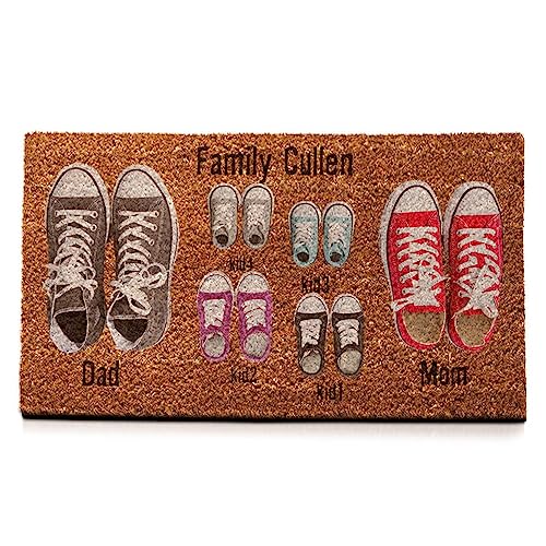 Wanapix | Fußmatte aus Kokosfasern Personalisiert mit Name | Original Türmatte für Innenbereiche | Unterseite | Familien Namen | 2 Schuhe + 4 Kind von Wanapix