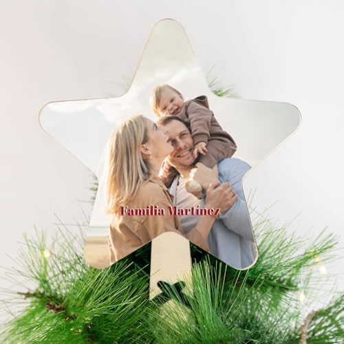 Wanapix | Holz Christbaumspitze Stern mit Foto und Texte | Personalisierter Weihnachtsbaumspitze | Flacher Christbaumstern | 17x25 cm | 100% Personalisiert von Wanapix