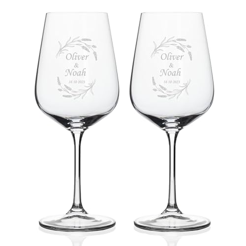 Wanapix | Personalisierte 2er Pack Weingläser mit Namen | Gravierten Weinglas | Böhmisches Kristall | Originelles Geschenk für Paare | Jahrestag | 45cl. | Blumen von Wanapix