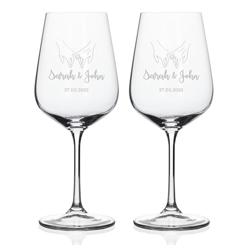 Wanapix | Personalisierte 2er Pack Weingläser mit Namen | Gravierten Weinglas | Böhmisches Kristall | Originelles Geschenk für Paare | Jahrestag | 45cl. | Hände von Wanapix