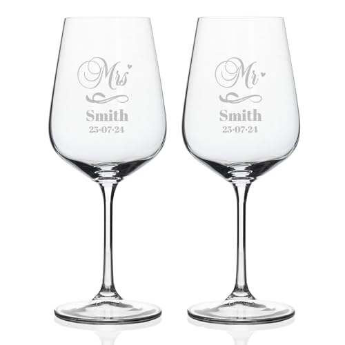 Wanapix | Personalisierte 2er Pack Weingläser mit Namen | Gravierten Weinglas | Rotweingläser Weißweingläser | Originelles Geschenk für Paare | Jahrestag | 45cl. | Mr & Mrs von Wanapix