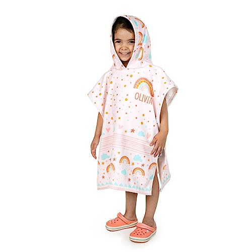 Wanapix | Personalisierter Badeponcho Kinder mit Name | Baby Mädchen Jungen | Kapuzenhandtuch | Surfponchos | Handtücher Schwimmbad | M (110 a 134 cm) | Rainbow von Wanapix