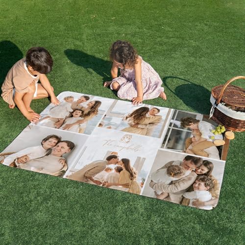 Wanapix | Picknickdecke 240x145 cm | Fotocollage mit 6 Fotos und Text | Wasserdicht | Inklusive Tragegurt mit Griff | Große Decke für Garten, Strand oder Park | Fotocollage 6 Fotos von Wanapix