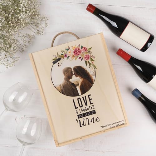 Wanapix | personalisierte Weinkiste Holz mit Foto und Text | für Dreifache Weinflasche | Holzkiste | Schiebedeckel | 29x38x10 cm [ Flasche nicht enthalten ] von Wanapix