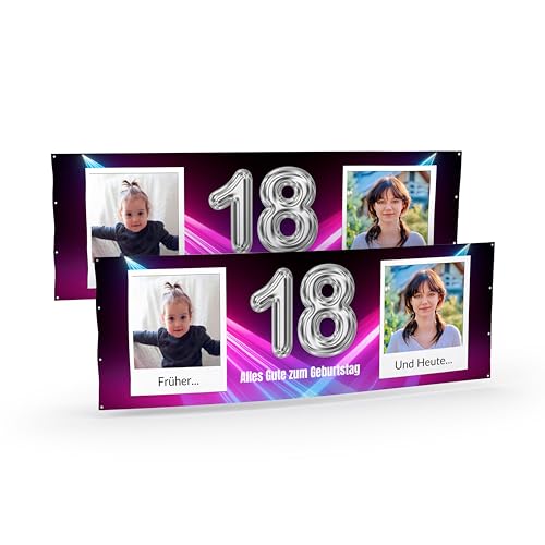 Banner selbst gestalten mit Foto und Text Lila I Geburtstagsbanner (50cm x 150cm) personalisiert für Männer und Frauen I Fahne selbst gestalten (18 Jahre (Lila), 50cm x 150cm) von WandMagie