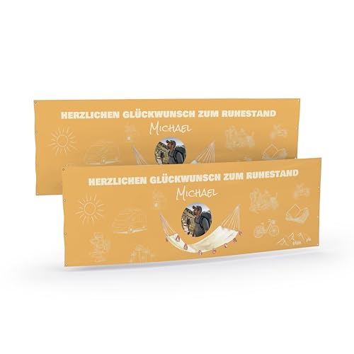 Ruhestand Banner selbst gestalten mit Foto und Text I Geschenk zum Renteneintritt (50cm x 150cm) personalisiert für Männer und Frauen I Fahne selbst gestalten von WandMagie