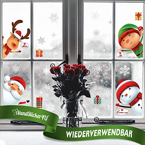 WandSticker4U®- 119 tlg. Fensterbilder Weihnachten Kinder MERRY CHRISTMAS bunt selbstklebend I Weihnachtsdeko Fenster Wichtel Elch Schneemann Schneeflocken wiederverwendbar groß von WandSticker4U