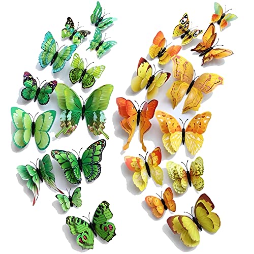 WandSticker4U®- 24er hochwertige 3D SCHMETTERLINGE GELB UND GRÜN mit Doppelflügel & Magnet I Schmetterlinge Deko für die Wand Kühlschrank Fenster Möbel Wohnzimmer Kinderzimmer Küche Butterfly von WandSticker4U
