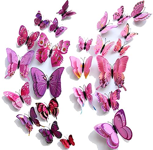 WandSticker4U®- 24er hochwertige 3D SCHMETTERLINGE LILA UND ROSA mit Doppelflügel & Magnet I Schmetterlinge Deko für die Wand Kühlschrank Fenster Möbel Wohnzimmer Kinderzimmer Küche Butterfly von WandSticker4U