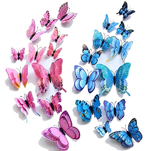 WandSticker4U®- 24er hochwertige 3D SCHMETTERLINGE ROSA und BLAU mit Magnet & Doppelflügel I Schmetterlinge Deko für die Wand Kühlschrank Möbel Wohnzimmer Kinderzimmer Küche Butterfly von WandSticker4U