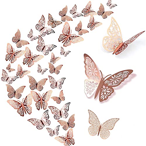 WandSticker4U®- 36er DEKO SCHMETTERLINGE roségold Metallic I 3D Papier Schmetterling für Wohnzimmer Kinder-zimmer Mädchen Küche Fenster Möbel Hochzeit Party Wand-Tisch-Deko Geschenke von WandSticker4U