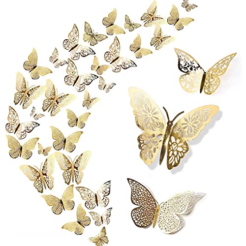 WandSticker4U®- 36er 3D SCHMETTERLINGE Deko GOLD metallic I Papier Schmetterling für Wohnzimmer Kinder-zimmer Mädchen Küche Fenster Möbel Hochzeit Party Wand-Tisch-Deko Geschenke von WandSticker4U