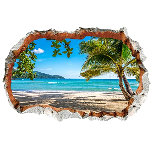 WandSticker4U®- 3D Wandtattoo BLICK AUFS MEER I Wandbild: 90x60 cm I Wandsticker Strand Palme Insel Poster I Wand Durchbruch Deko für Wohnzimmer Schlafzimmer Küche Flur Bad Aufkleber von WandSticker4U