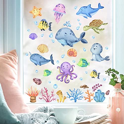 WandSticker4U®- [59 Stück] Fensterbilder Kinder UNTERWASSERWELT selbstklebend I Fenstersticker Maritim Fische Meerestiere I Kinder Fensteraufkleber Badezimmer Deko Duschkabine wiederverwendbar von WandSticker4U