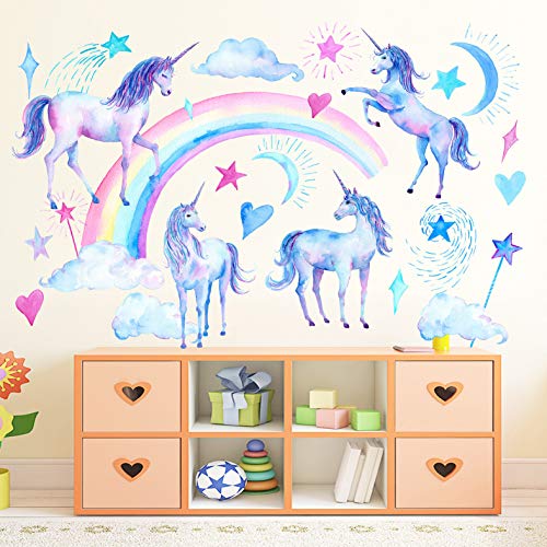 WandSticker4U®- Aquarell Wandtattoo EINHORN & REGENBOGEN Mädchen I Wandbilder: 105x90 cm I Wandsticker Kinderzimmer Einhörner Poster I Wand Aufkleber Deko Mädchen-zimmer klein Prinzessin von WandSticker4U