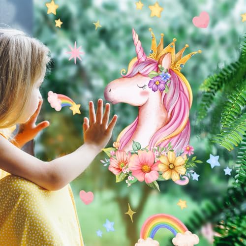 WandSticker4U®- Fensterbilder EINHORN selbstklebend rosa (50x40 cm) I Fenstersticker Kinder Mädchen Einhorn Prinzessin Blumen Sternen I Fensteraufkleber Fensterdeko Kinderzimmer Frühling Sommer von WandSticker4U