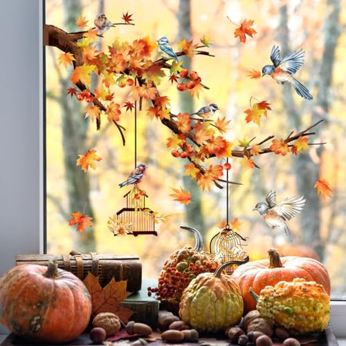 WandSticker4U®- Fensterbilder Herbst selbstklebend VÖGEL auf AST (73x40 cm) I Fenstersticker Herbstdeko Fenster Wohnzimmer Schlafzimmer Küche I Fensterdeko Herbst Blätter Äste wiederverwendbar GROß von WandSticker4U