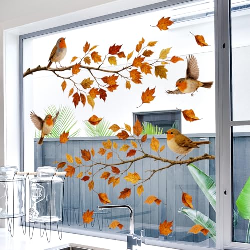 WandSticker4U®- Fensterbilder Herbst selbstklebend VÖGEL auf AST (88x58 cm) I Fenstersticker Herbstdeko Fenster Wohnzimmer Schlafzimmer Küche I Fensterdeko Herbst Blätter wiederverwendbar GROß von WandSticker4U