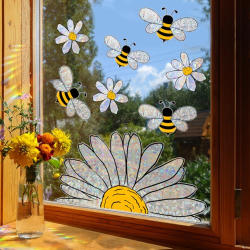 WandSticker4U®- [8 Stück] Fensterbilder Kinder BIENEN & GÄNSEBLÜMCHEN Suncatcher Sticker (63x39 cm) I Fenstersticker Blumen Kinder I Prisma Fensteraufkleber Fensterdeko Kinderzimmer Frühling Sommer von WandSticker4U