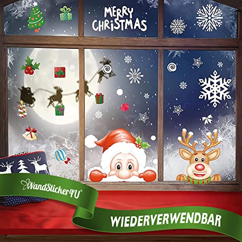 WandSticker4U®- Fensterbilder Weihnachten Kinder WEIHNACHTSMANN & ELCH + 80x SCHNEEFLOCKEN selbstklebend I Weihnachtsdeko Fenster Kinderzimmer Fenstersticker Winter wiederverwendbar von WandSticker4U