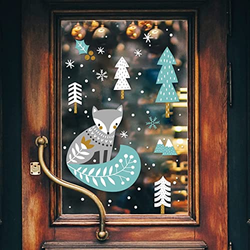 WandSticker4U®- wiederverwendbar Fensterbilder Weihnachten Kinder FUCHS IM WINTERWALD selbstklebend I Weihnachtsdeko Fenster Aufkleber Fenstersticker Winter Schneeflocken weiß von WandSticker4U