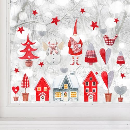 WandSticker4U®- Fensterbilder Weihnachten selbstklebend SCHNEEDORF rot I Weihnachtsdeko Fenster Winter Fenstersticker Kinderzimmer Sterne Baum Häuser wiederverwendbar Deko von WandSticker4U