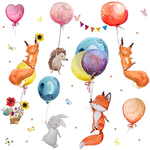 WandSticker4U®- Wandsticker Babyzimmer WALDTIERE & LUFTBALLONS I Wandbilder: 107x100 cm I Baby Wandtattoo Fuchs Hase Kinder-zimmer Dschungel Tiere I Wand Aufkleber Mädchen & Junge Deko von WandSticker4U