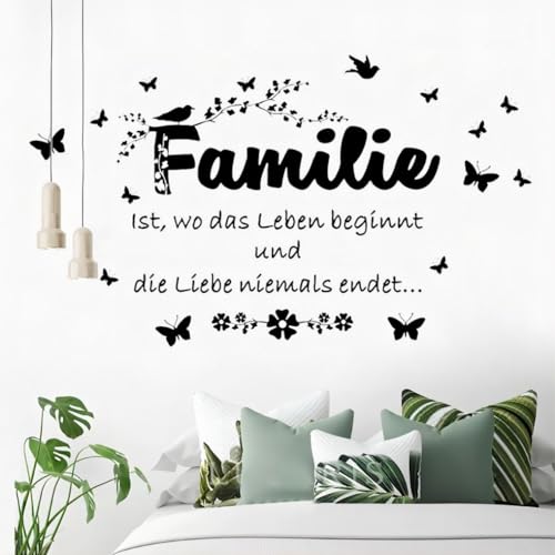 WandSticker4U®- XXL Wandsticker Spruch FAMILIE IST (100x62 cm) + I Wandtattoo Wohnzimmer Sprüche Leben Liebe Schmetterlinge Blumen Ranke I Wand Aufkleber Schlafzimmer Küche Flur GROß von WandSticker4U