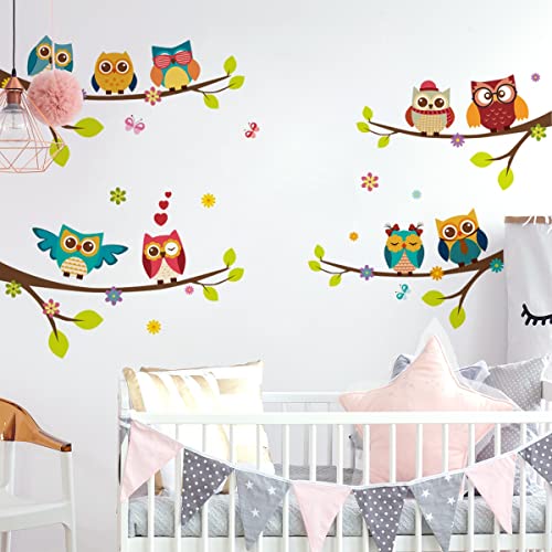 WandSticker4U®- Wandtattoo Kinder 9 SÜßE EULEN AUF ÄSTEN I Wandbilder: 120x100 cm I Fensterbilder Baum Zweig Blumen Schmetterlinge I Wand Deko Fenster Aufkleber Babyzimmer Kinderzimmer von WandSticker4U