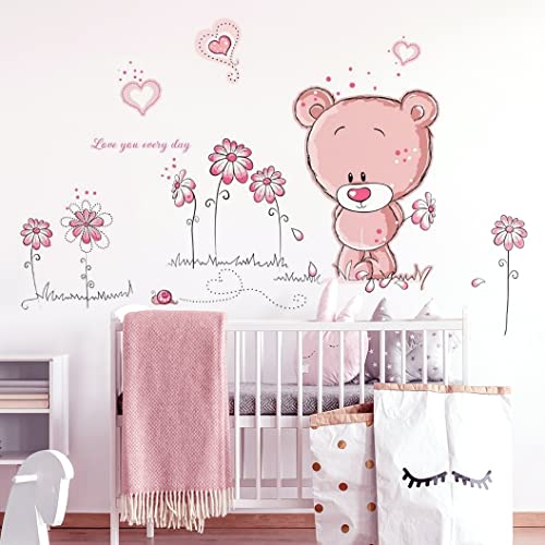 WandSticker4U®- Wandsticker BABY BÄR I Wandbild: 100x60 cm I Wandtattoo Babyzimmer Mädchen Wald-Tiere Blumen Sweet Dreams I Wand Aufkleber Deko Kinder-zimmer Junge von WandSticker4U