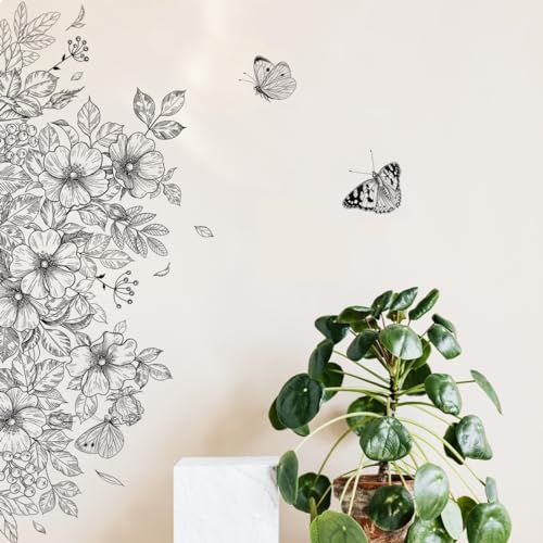 WandSticker4U®- Wandtattoo BLUMEN GEZEICHNET I Wandbild: 90x40 cm I Wandsticker Blüten Blätter Schmetterlinge Strichzeichnung I Wand Deko Aufkleber für Wohnzimmer Schlafzimmer Flur Küche Bad von WandSticker4U