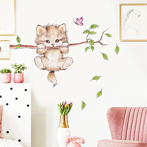 WandSticker4U®- Wandtattoo KATZE für Kinderzimmer süß I Wandbilder: 70x55 cm I Wand Deko Baum Ast Tiere Kinder I Wandsticker Babyzimmer Mädchen Junge Baby Tür-aufkleber Fenstersticker von WandSticker4U