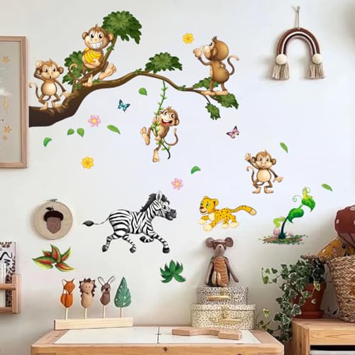 WandSticker4U®- Wandtattoo Kinderzimmer DSCHUNGEL-FIEBER I Wandbild: 75x66 cm I Wandsticker Tiere Affe Ast Blätter Blüten Pflanzen Safari I Wand Aufkleber Baby-zimmer Mädchen & Junge Deko von WandSticker4U