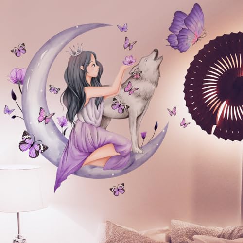 WandSticker4U®- Wandtattoo Kinderzimmer MÄDCHEN AUF DEM MOND lila (70x75 cm) I Wandsticker Wolf Nacht Prinzessin Girl Schmetterlinge I Wandaufkleber Kinderzimmer Deko Mädchen Teenager GROß von WandSticker4U
