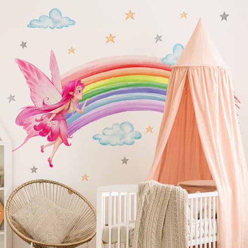 WandSticker4U®- Wandtattoo FEE REGENBOGEN rosa/pink groß (120x80 cm) I Wandsticker Mädchen Regenbogen Fee Prinzessin Wolken Sterne Rainbow bunt I Wandaufkleber Kinderzimmer Deko Mädchen XXL von WandSticker4U