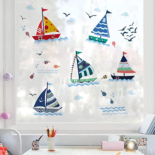 WandSticker4U®- Fliesenaufkleber SEGELBOOT Kinder I Wandbilder: 175x70 cm I Wandsticker Wandtattoo Junge Segelschiff Ozean Meer Maritim Fische I Wand Deko für Kinderzimmer Badezimmer Bad von WandSticker4U