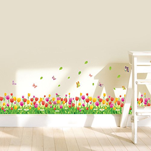 WandSticker4U®- Wandtattoo Blumen TULPEN Blumenwiese (Breite: 2.3 M) I Wandsticker Blumen grüne Wiese Gräser Pflanzen Aufkleber Frühling I Wanddeko Wohnzimmer Schlafzimmer Kinderzimmer Küche Flur von WandSticker4U