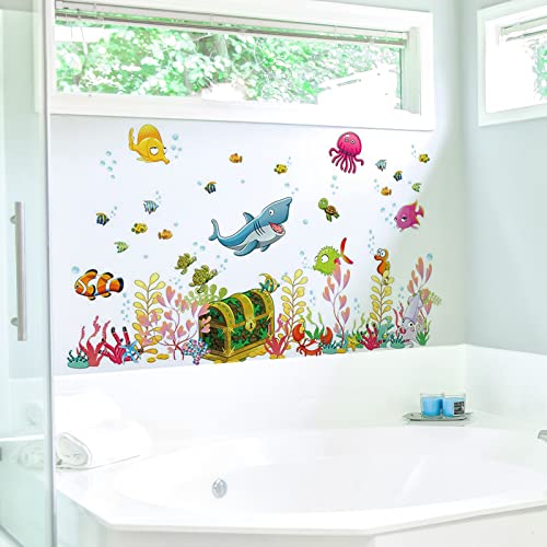 WandSticker4U®- Wandtattoo UNTERWASSERWELT mit Schatztruhe I Wandbilder: 122x68 cm I Wasserfest Fliesen-aufkleber Bad Fische Meer Tiere I Wand Deko für Badezimmer Kinder-zimmer GROß von WandSticker4U