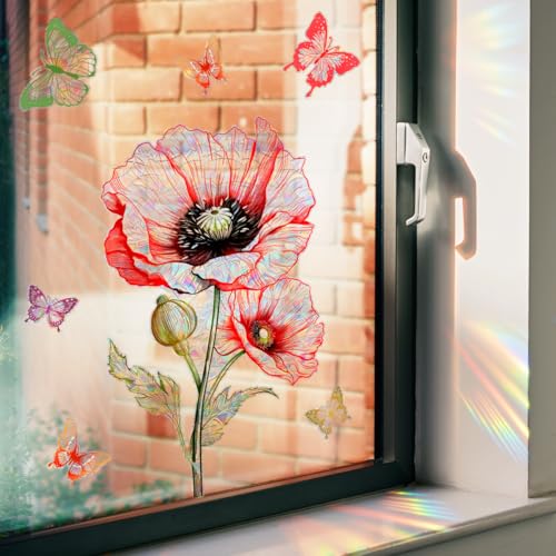 WandSticker4U®- Wiederverwendbare Fensterbilder Sommer selbstklebend MOHNBLUMEN rot (44x39 cm) I Fensteraufkleber Fenstersticker Blumen Wohnzimmer Schlafzimmer Bad Küche Fensterdekoration von WandSticker4U