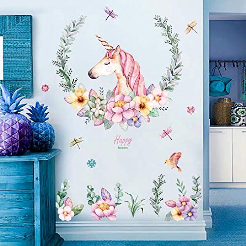 WandSticker4U®- XXL Aquarell Wandsticker EINHORN mit BLUMEN I Wandbilder: 110x110 cm I Wandtattoo Einhorn Mädchen Pferde Poster Unicon rosa I Wand Aufkleber Kinder-zimmer Deko GROß von WandSticker4U