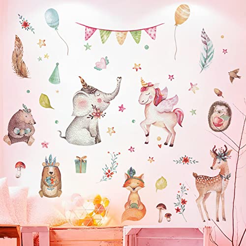 WandSticker4U®- Aquarell Wandsticker Mädchen WALDPARTY I Wandbild: 112x76 cm I Wand Aufkleber Wandtattoo Wald-tiere Einhorn Elefant Fuchs Reh Baby-Kinder-zimmer Deko GROß von WandSticker4U